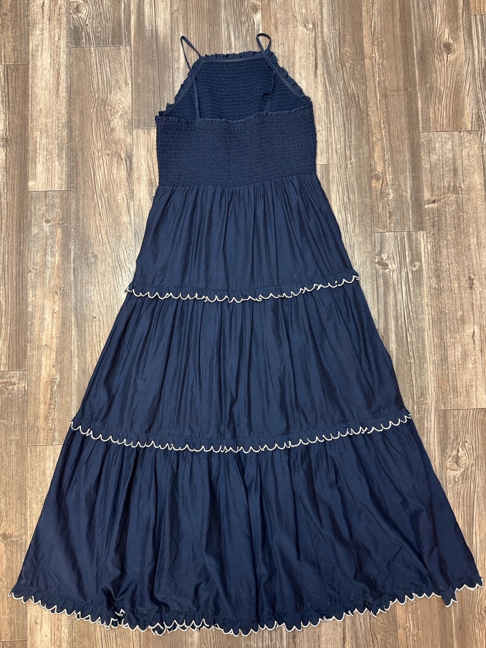 Ann Taylor Navy Smocked Tiered Maxi Dress Scallop Trim Square Neck M - Picture 3 of 4